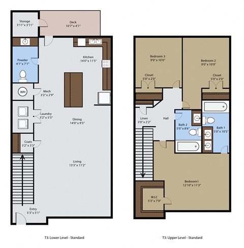 Floor plan for 3 beds, 2.5 baths, 1357 sqft